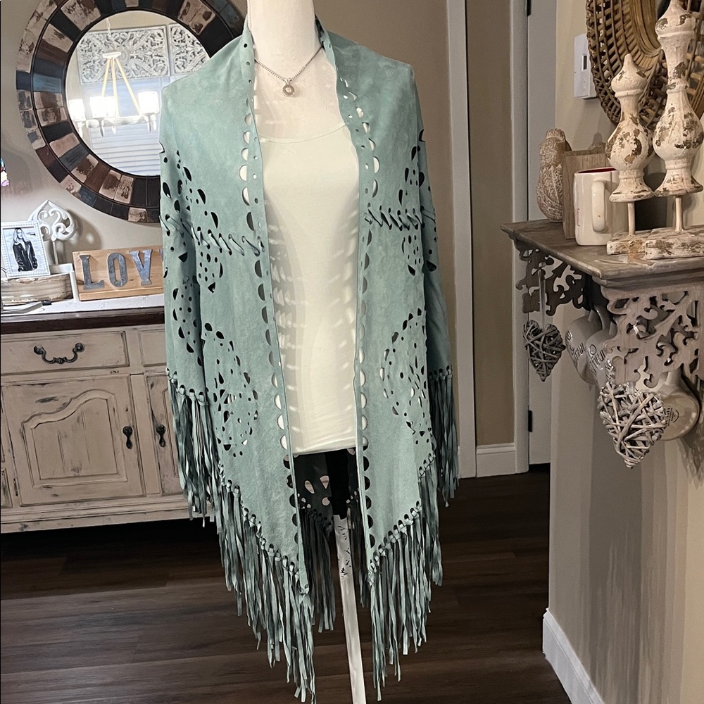 Elegant Fringe Cape in Mint Green